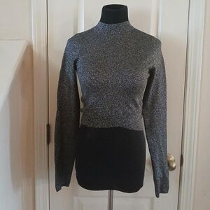 Y2K Express Black Metallic Silver Sparkly Long Sleeve Mock Neck Cropped Top S